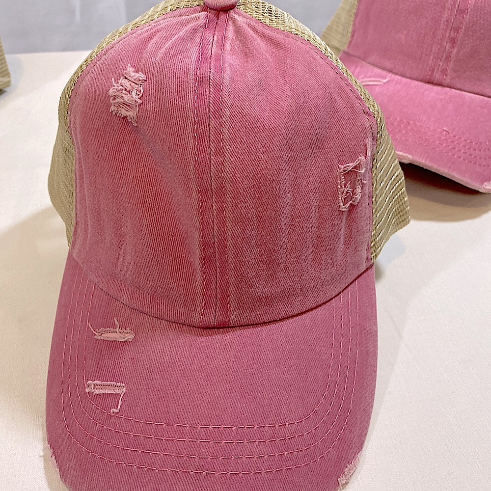 Pink Ragged Stretchable Baseball Cap. Adjustable